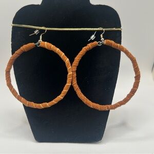 Vintage Leather Brown Wrapped Hoop Earrings Handmade​